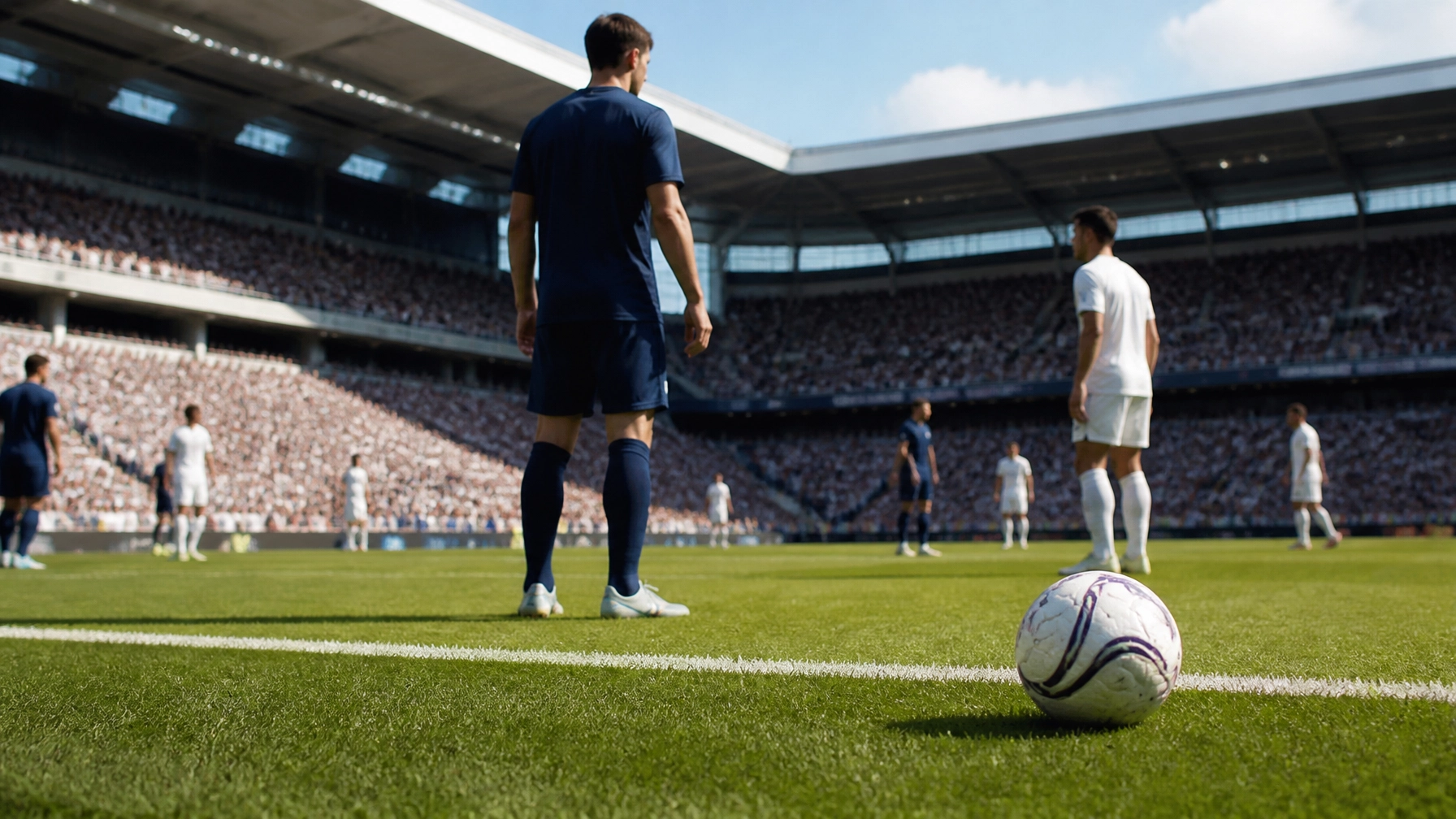 Fußballstadion im Sommer mit Spielern vor einem internationalen Vorbereitungsspiel
