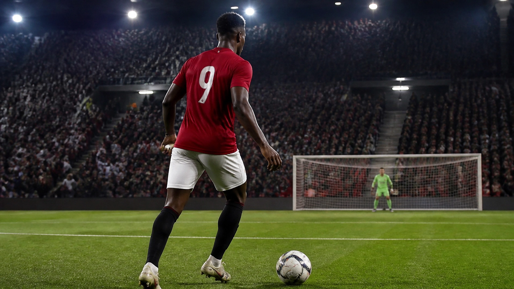 Mittelstürmer im roten Trikot vor Flutlichtkulisse – Torjägermarkt Bundesliga 2026/27
