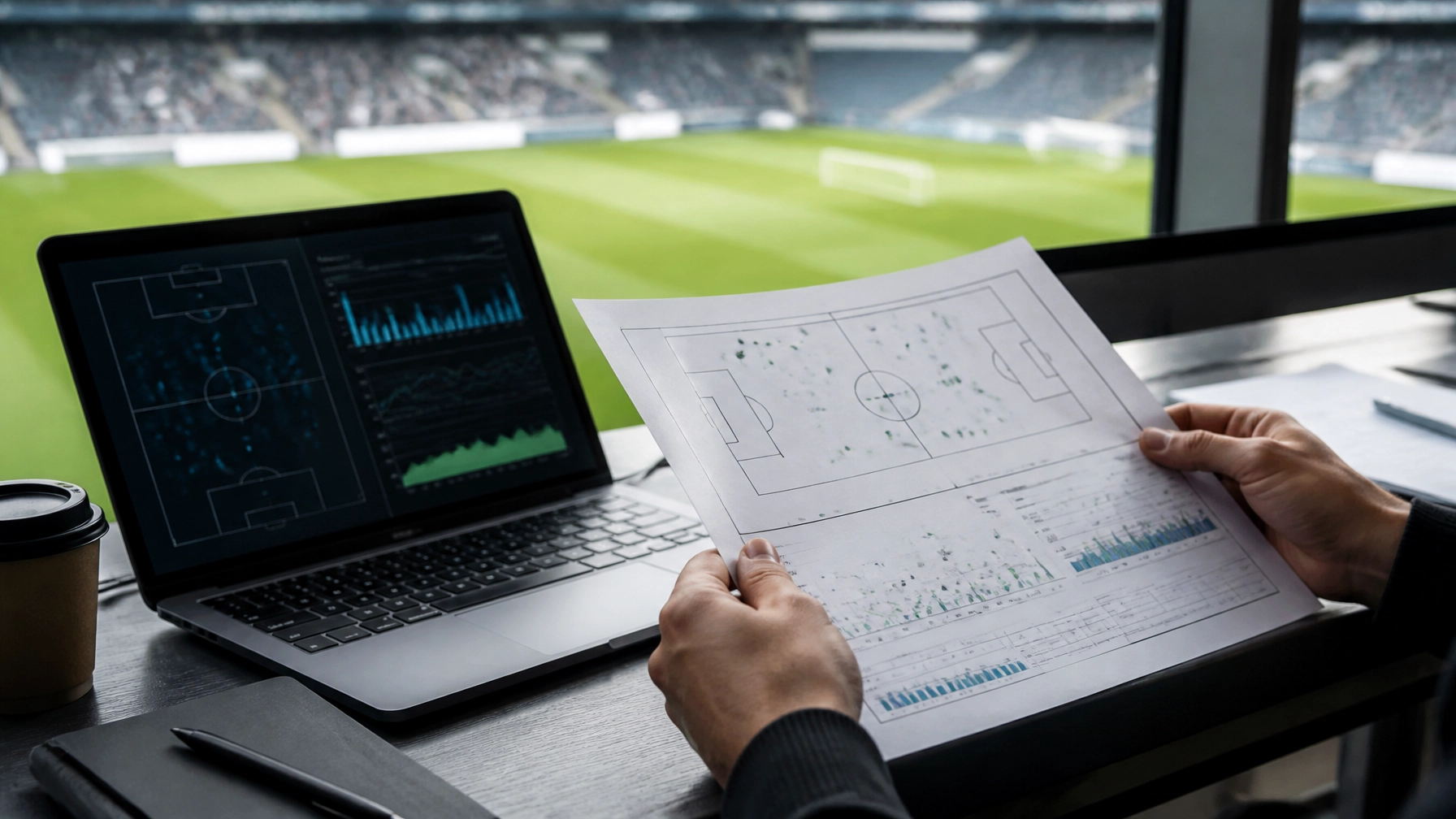 Realistische Fußballanalyse mit neutralen Datencharts und Stadionhintergrund