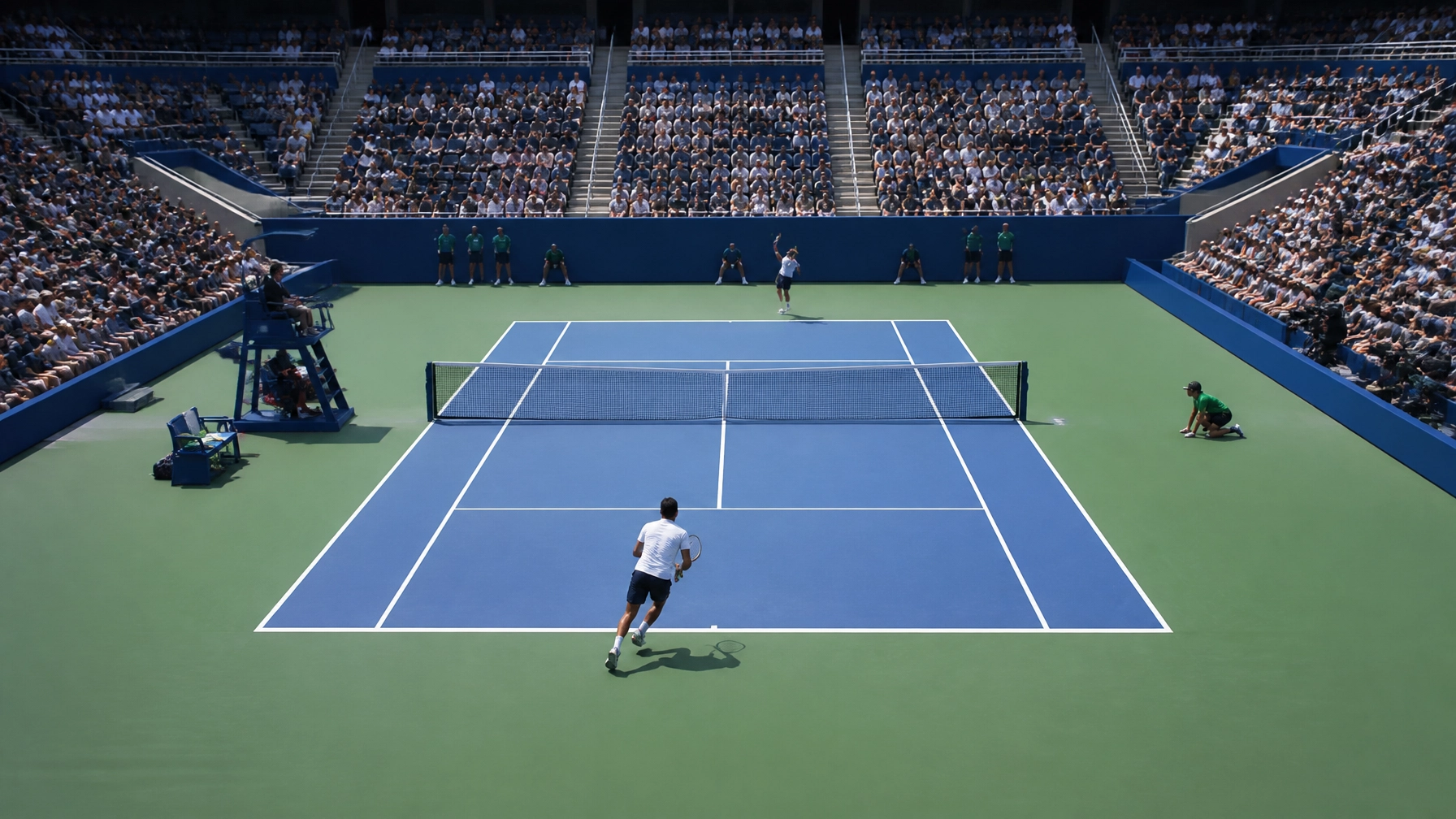 Professioneller Tennisplatz unter Flutlicht