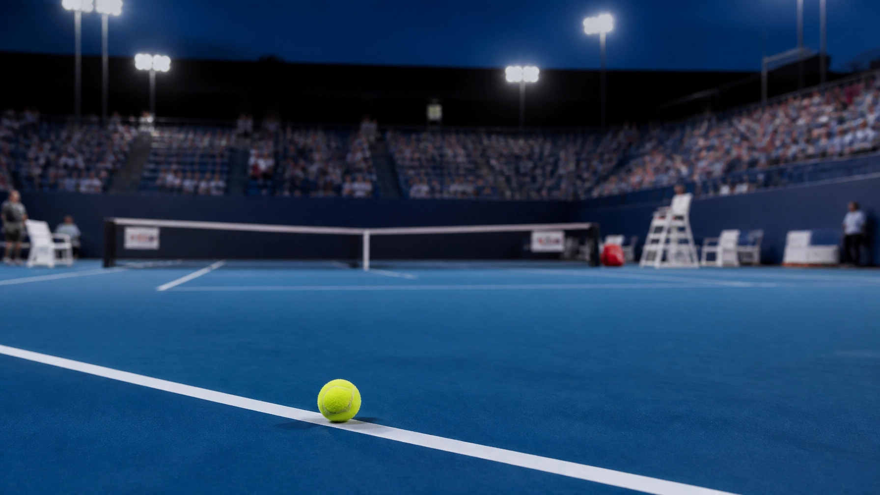Blauer Hartplatz und Tennisball bei einem ATP-250-Turnier