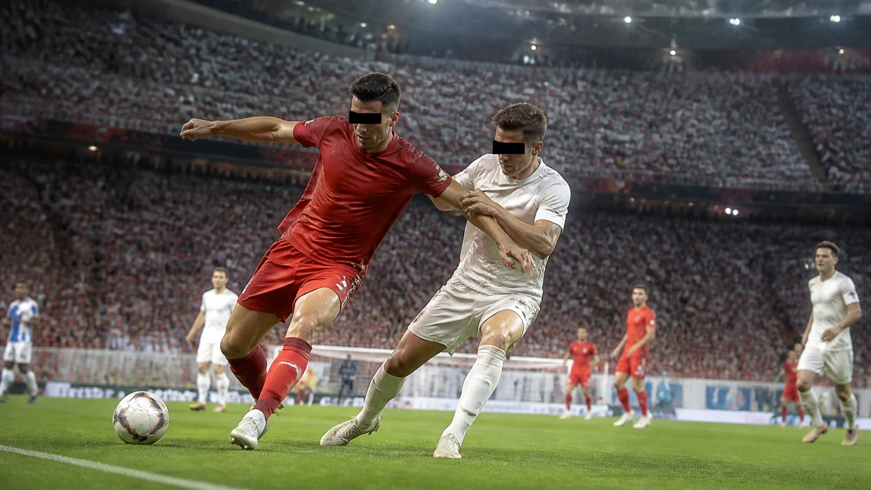 Fotorealistische Bundesliga-Spielszene unter Flutlicht mit neutralen Spielern im Zweikampf