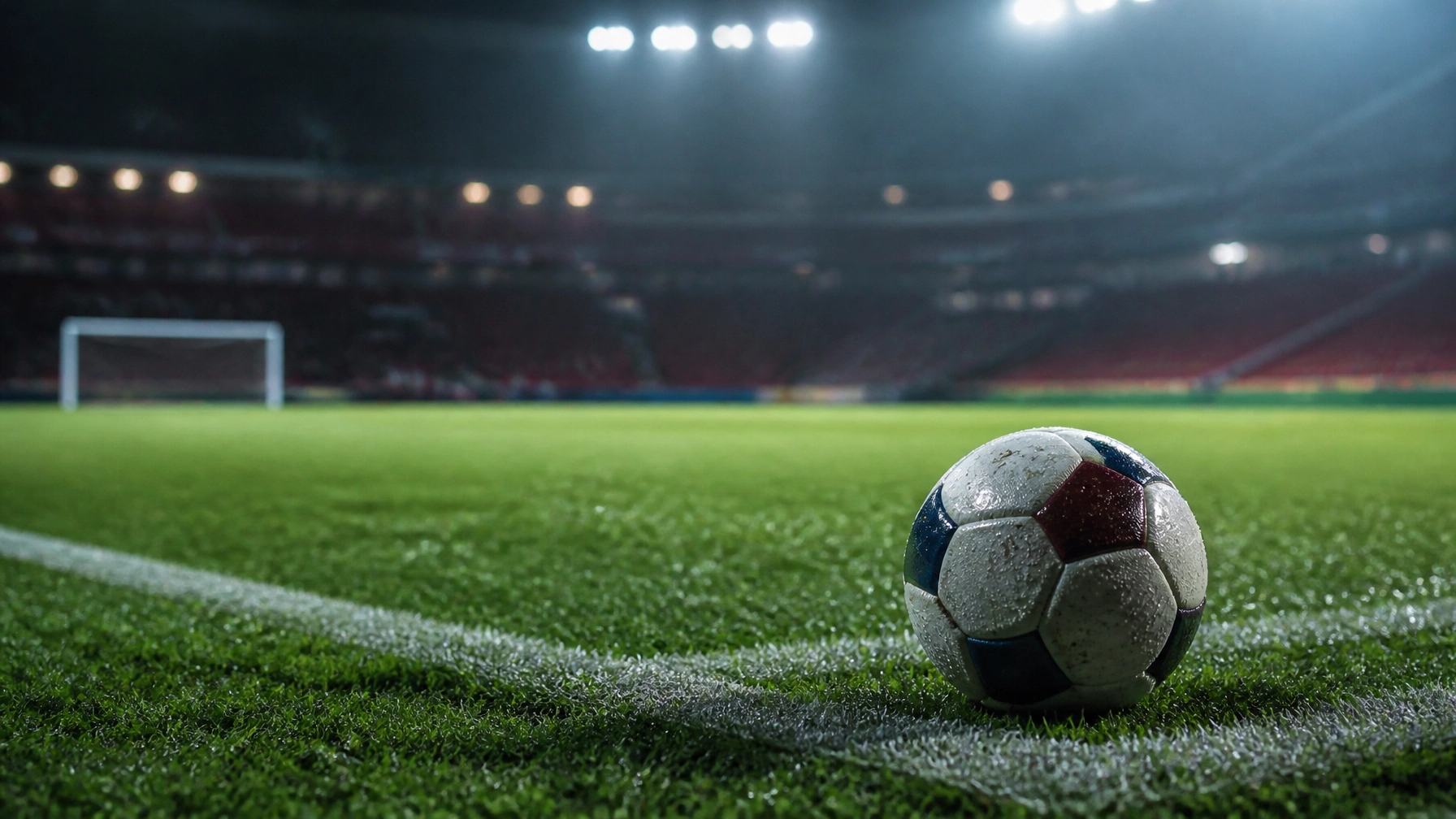 Fußball auf dem Rasen nahe dem Strafraum unter Flutlicht