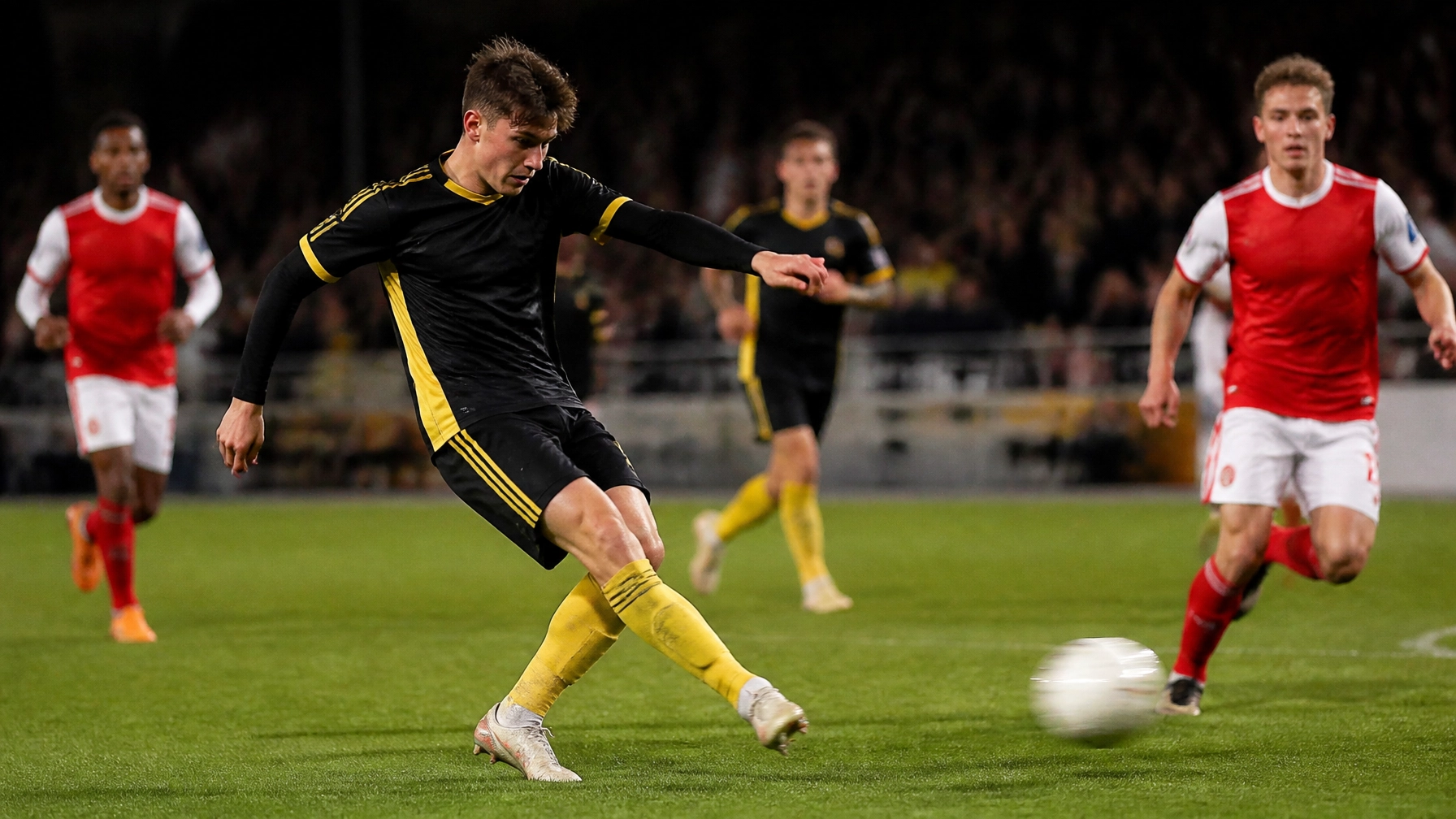 Junger Mittelfeldspieler beim spektakulären Distanzschuss im Stadion