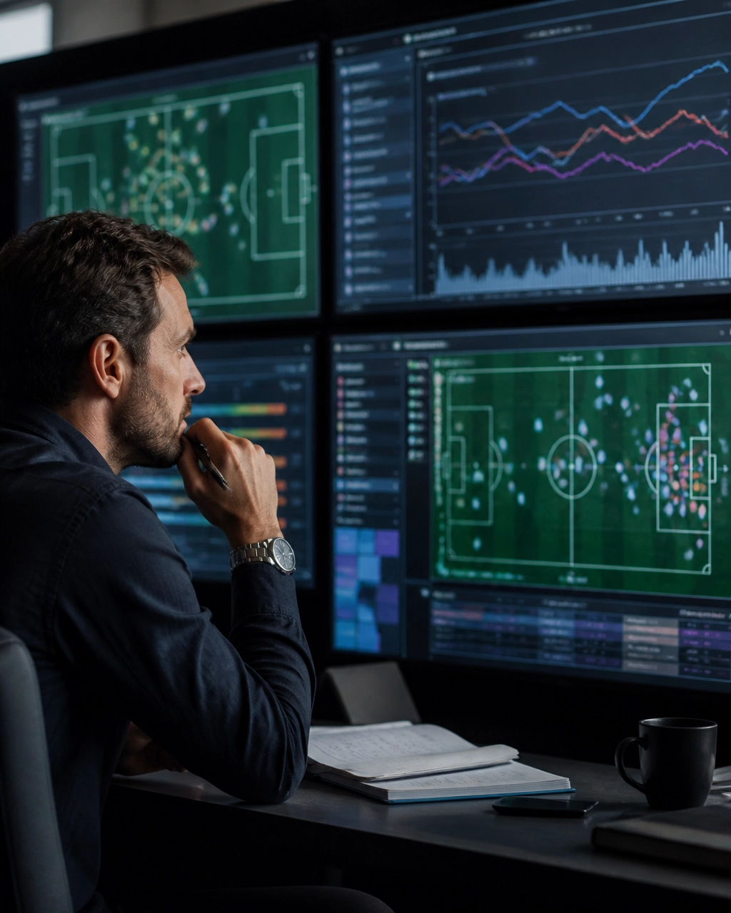 Realistische Sportdatenanalyse in einer modernen Redaktion mit neutralen, nicht lesbaren Diagrammen