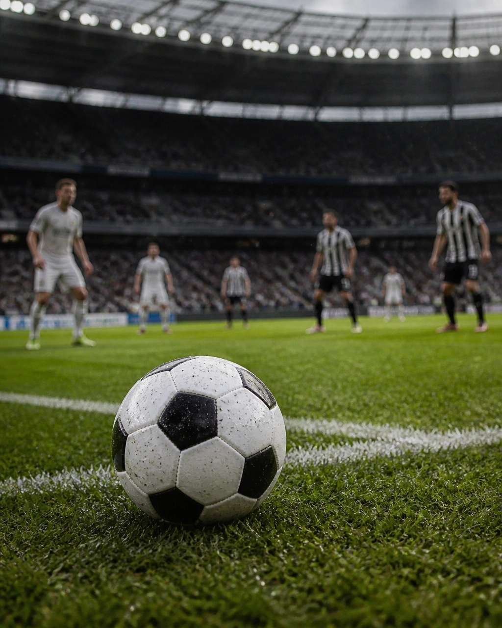 Fußball vor dem Strafraum im Flutlicht