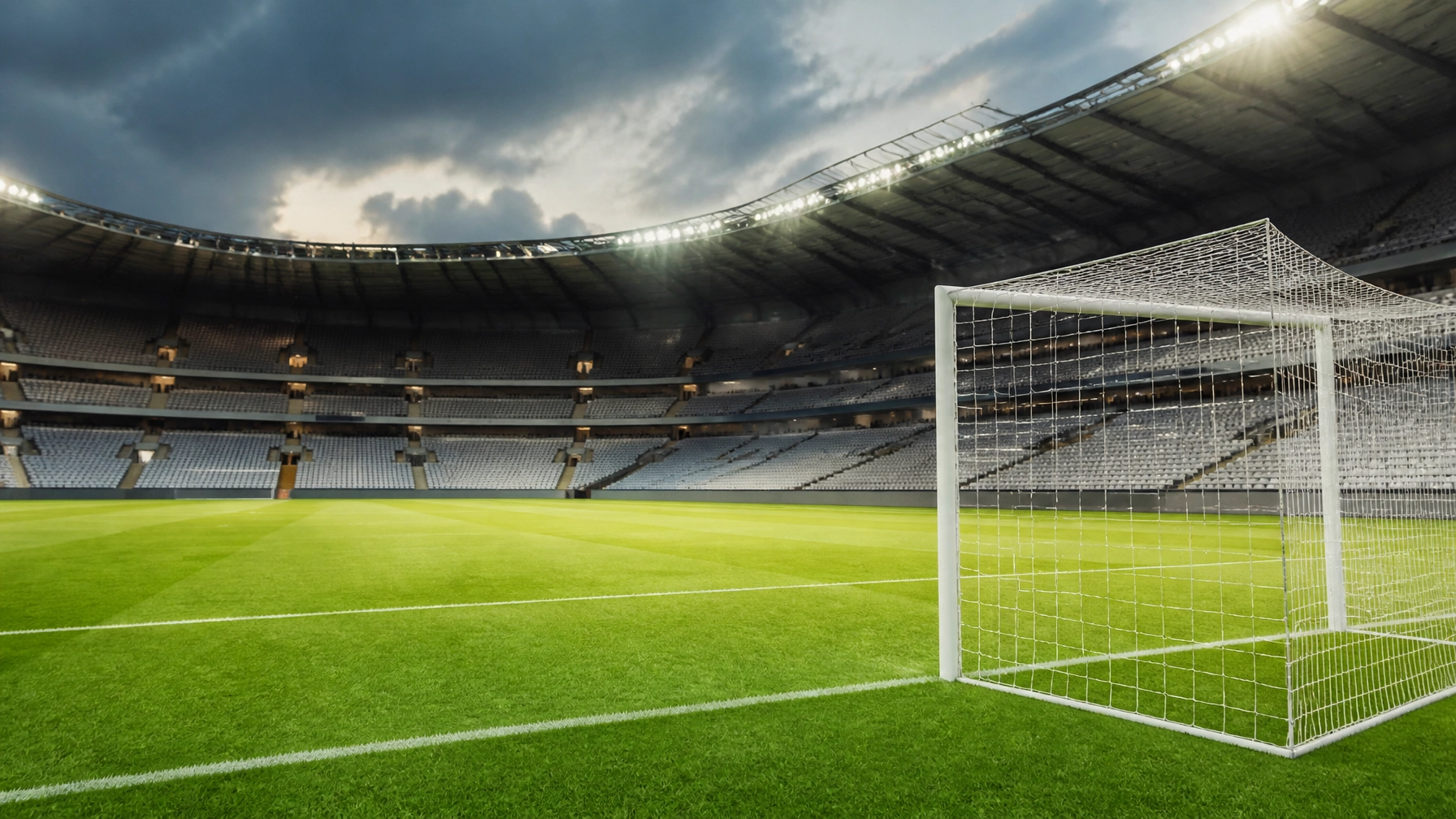 Leeres Fußballstadion mit Tor und Flutlicht vor dem Anpfiff