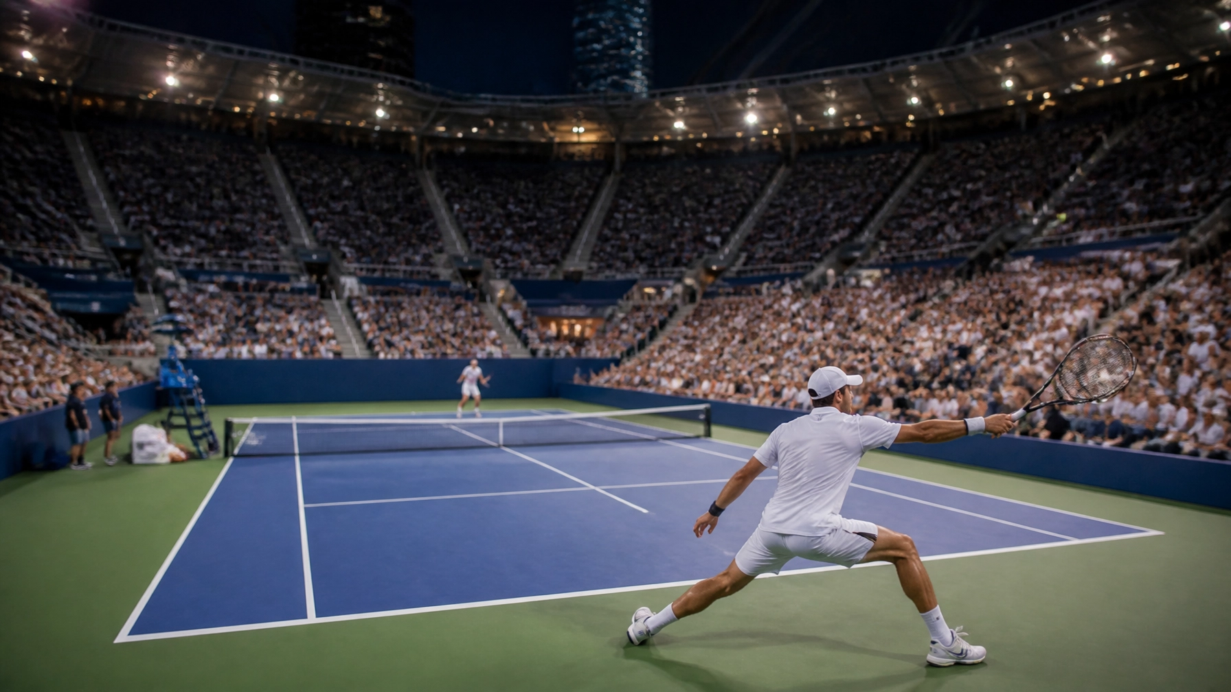 New Yorker Tennisstadion bei Flutlicht während eines Grand-Slam-Matches