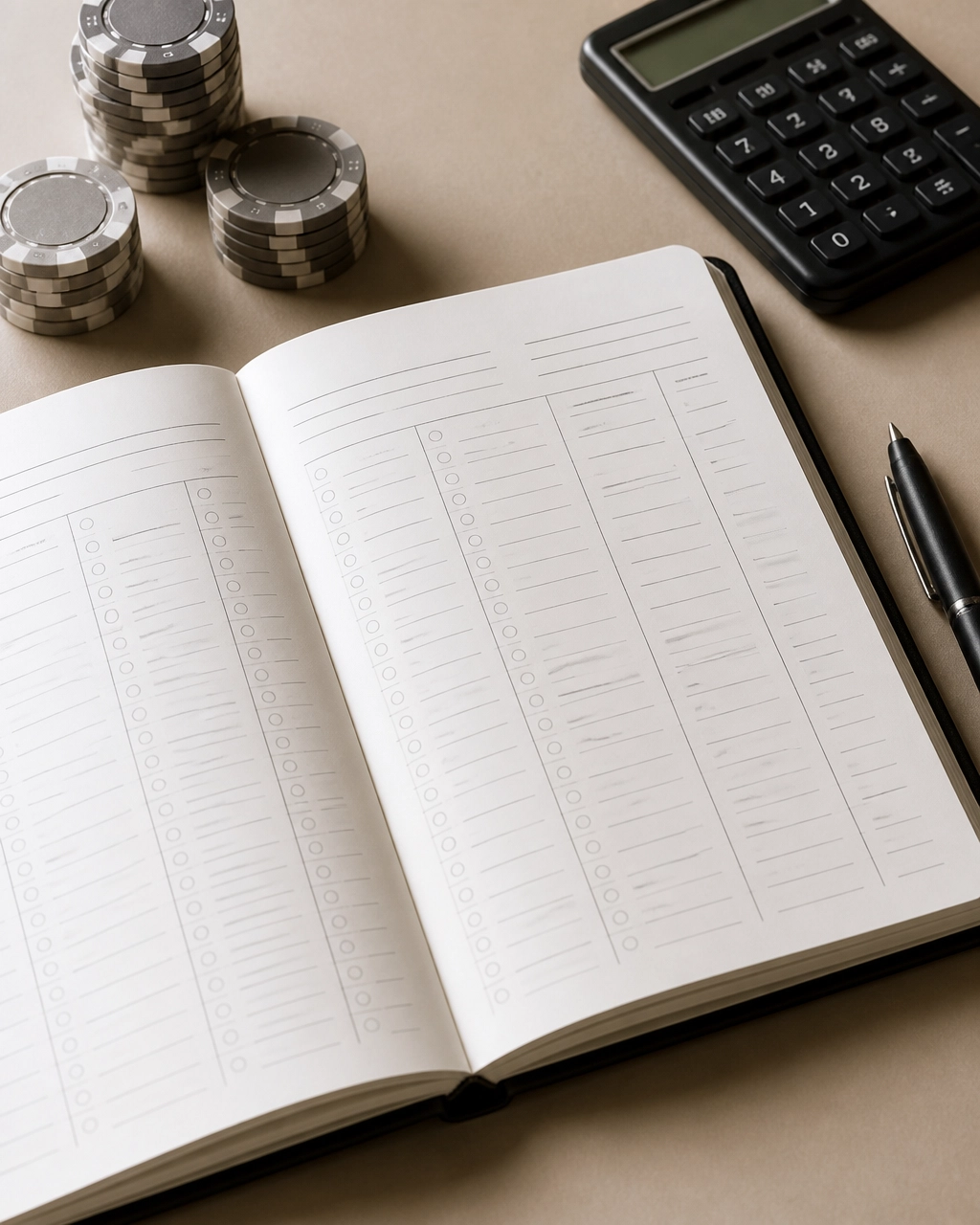 Photorealistische Draufsicht auf ein neutrales Wettjournal mit Tabellenlinien, Taschenrechner und Stift zur Dokumentation von Quoten und CLV