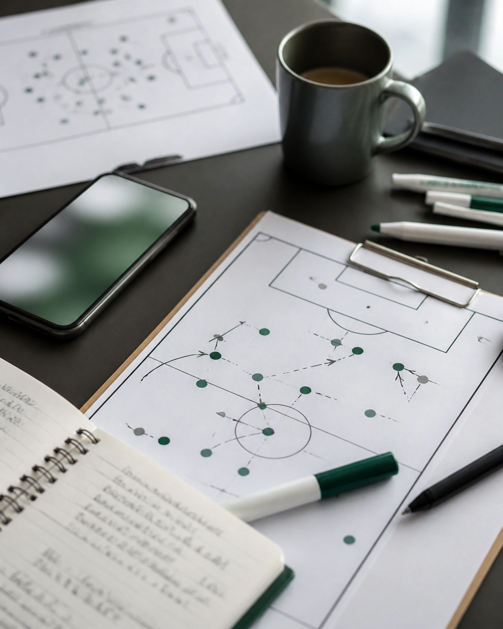Fotorealistischer Arbeitsplatz eines Fußballanalysten mit Diagrammen und neutralen Markierungen