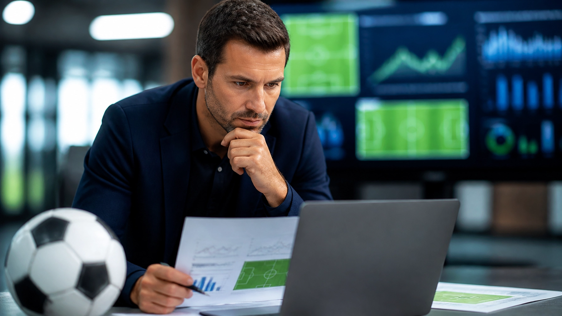 Analyst bei der Vorbereitung einer Fußball-Prognose mit Statistiken