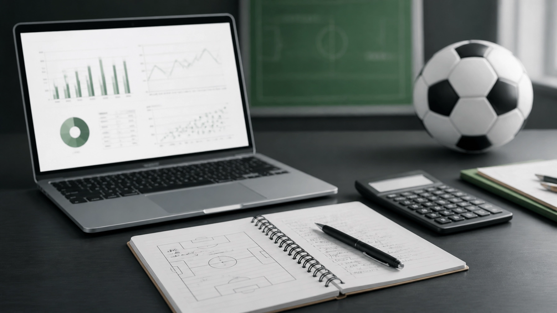 Professionelle Fußball-Datenanalyse an einem neutralen Schreibtisch