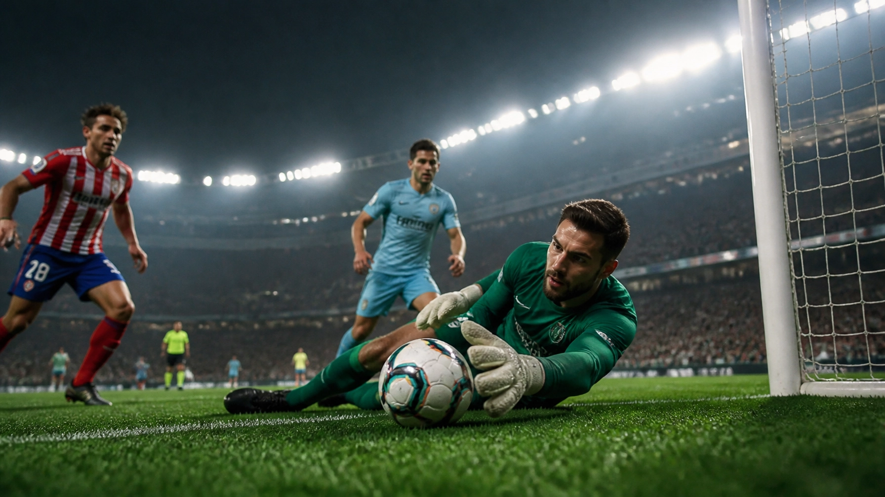 Torwart in einer realistischen Spielsituation bei einer spanischen Ligapartie