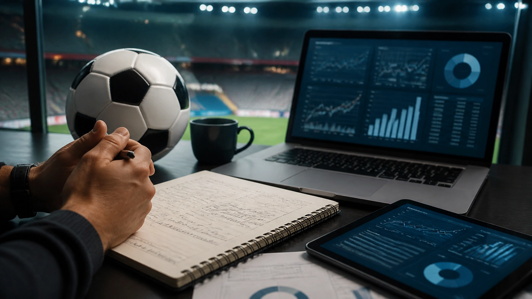 Analysearbeitsplatz mit Fußball und abstrakten Statistikdaten