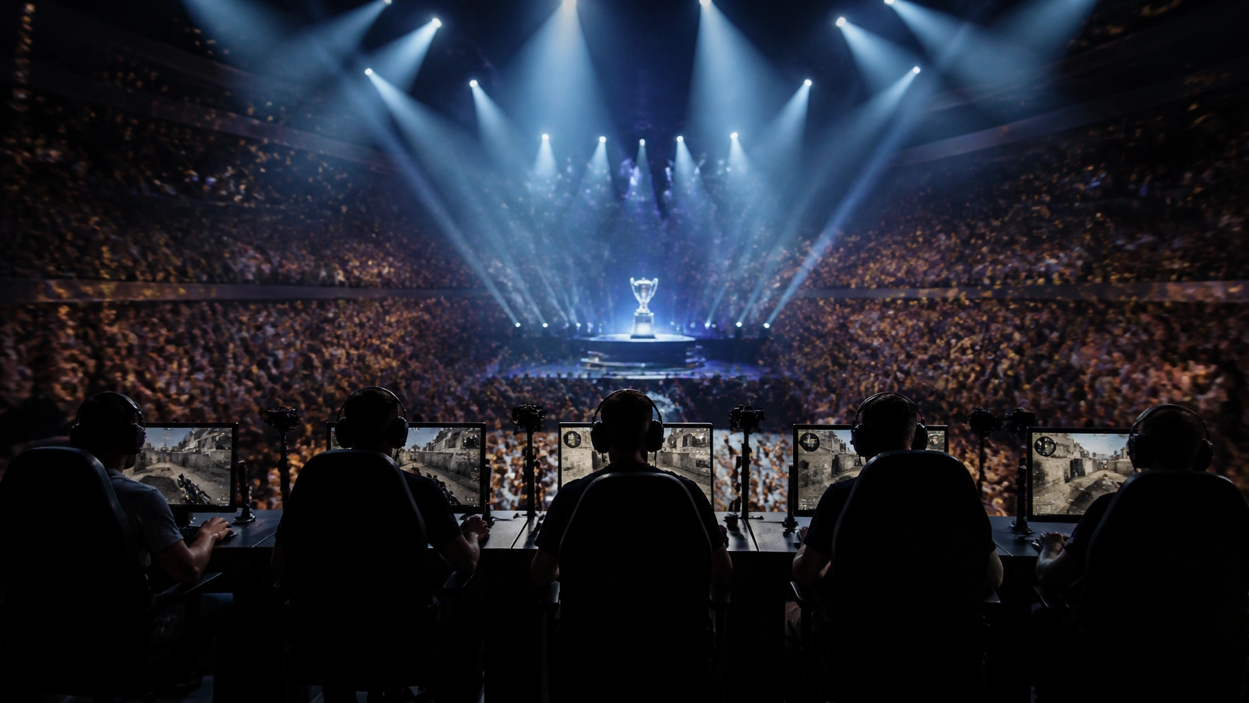 Realistische CS2-Finalarena in Paris mit Spielern an ihren Stationen und Trophäe im Hintergrund