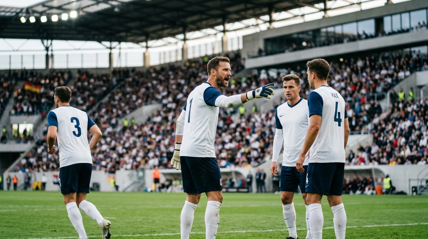 Torhüter und Abwehr einer ungebundenen Mannschaft ordnen sich vor dem Anpfiff im Stadion
