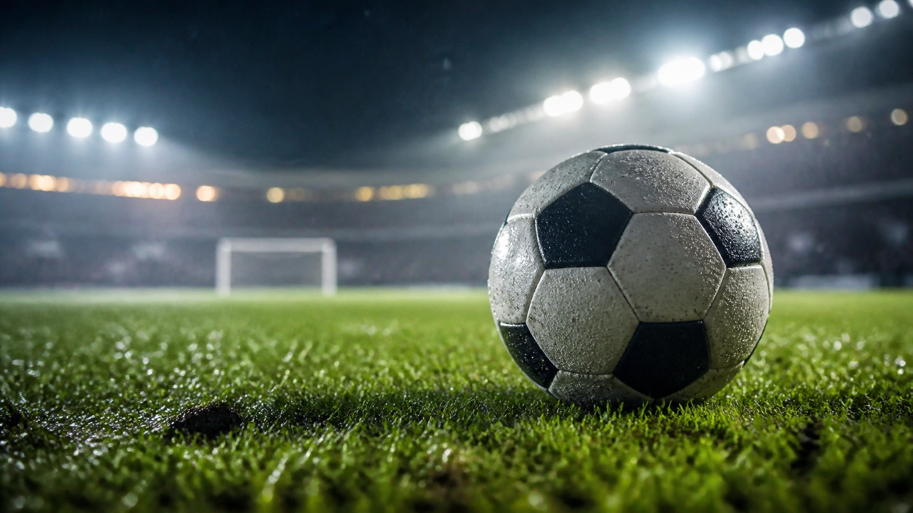 Fußball auf nassem Rasen unter Flutlicht als Symbol für eine enge Torlinien-Analyse