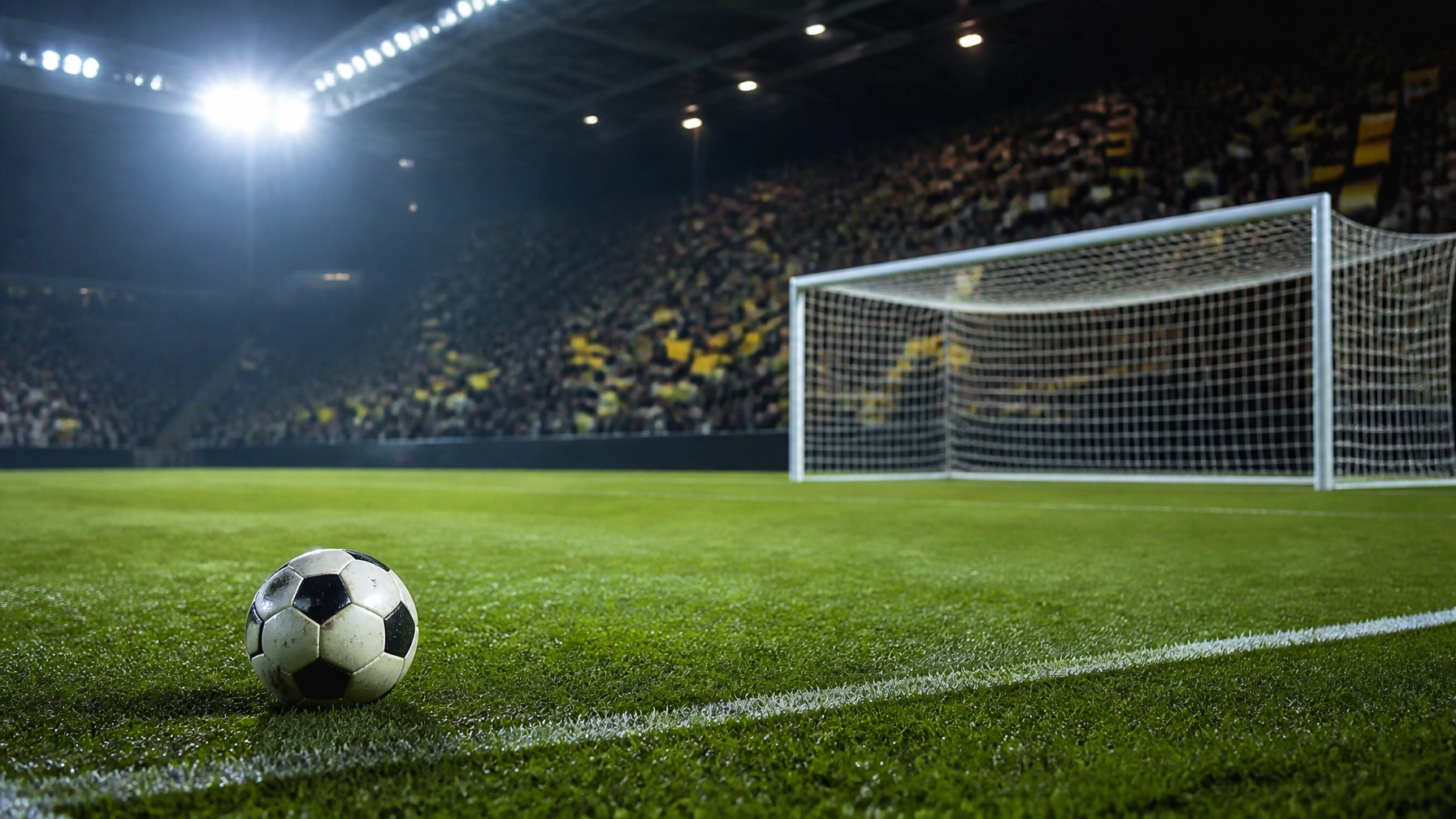 Fußballtor und Strafraum unter Flutlicht vor dem Rückspiel