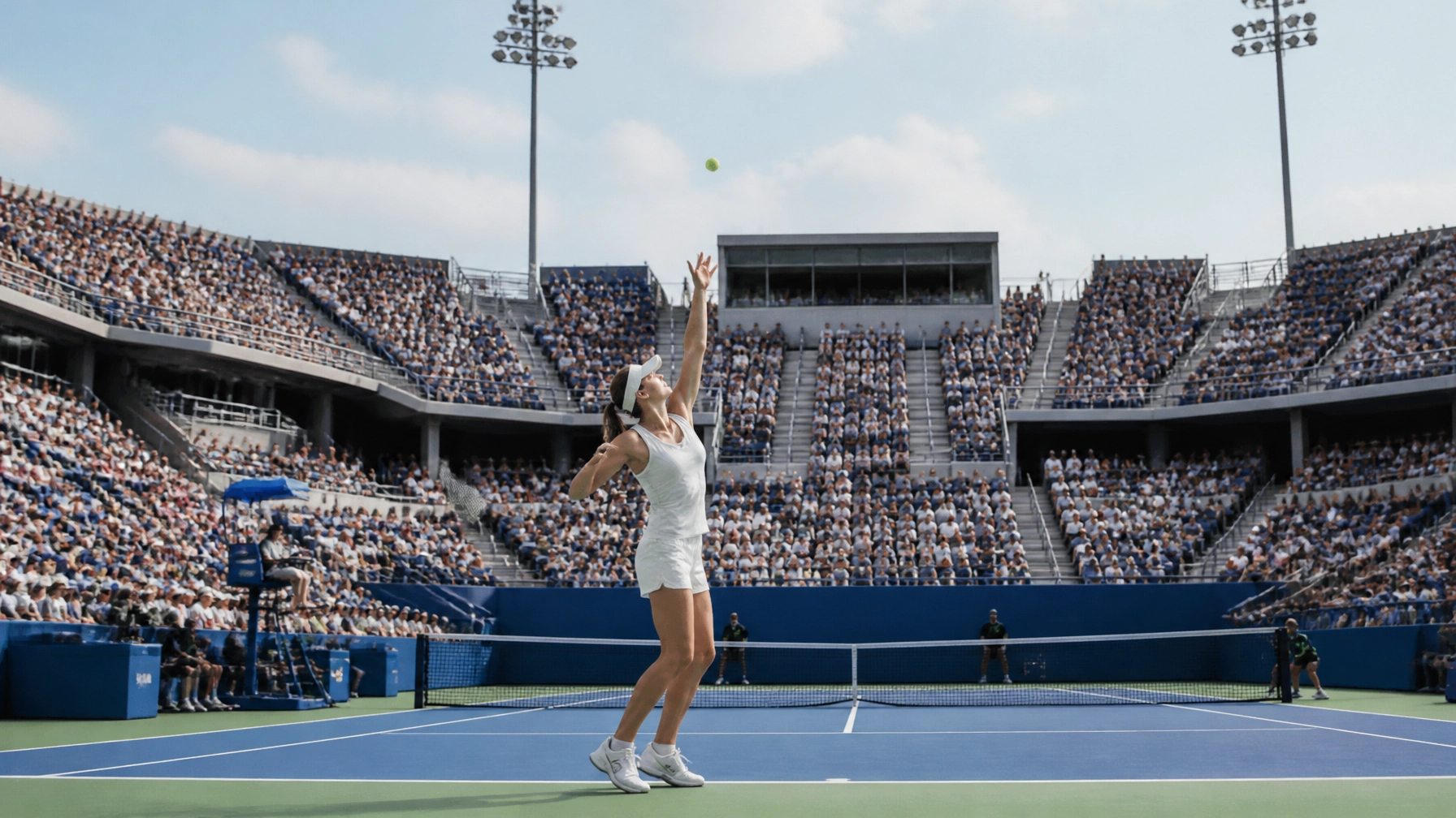 Realistische Damen-Tennisarena auf blauem Hartplatz mit Spielerin vor dem Aufschlag