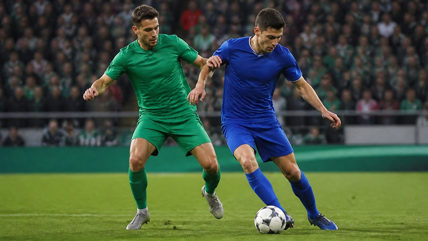 Generische Pokalspielszene zwischen Spielern in grünen und blauen Trikots