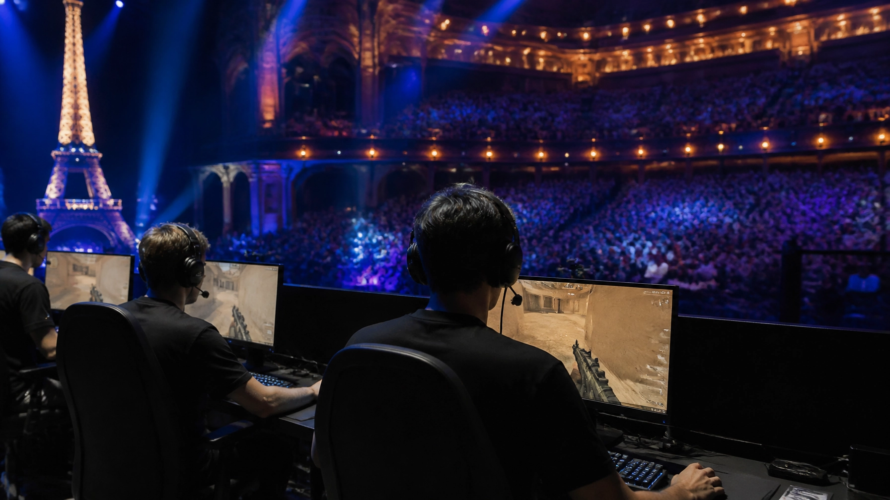 Beleuchtete E-Sports-Arena in Paris während eines internationalen CS2-Turniers