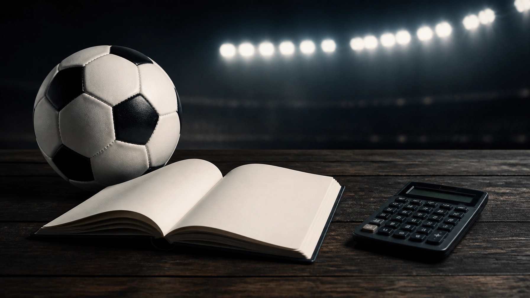 Fußball, Notizbuch und Taschenrechner bei Stadionlicht