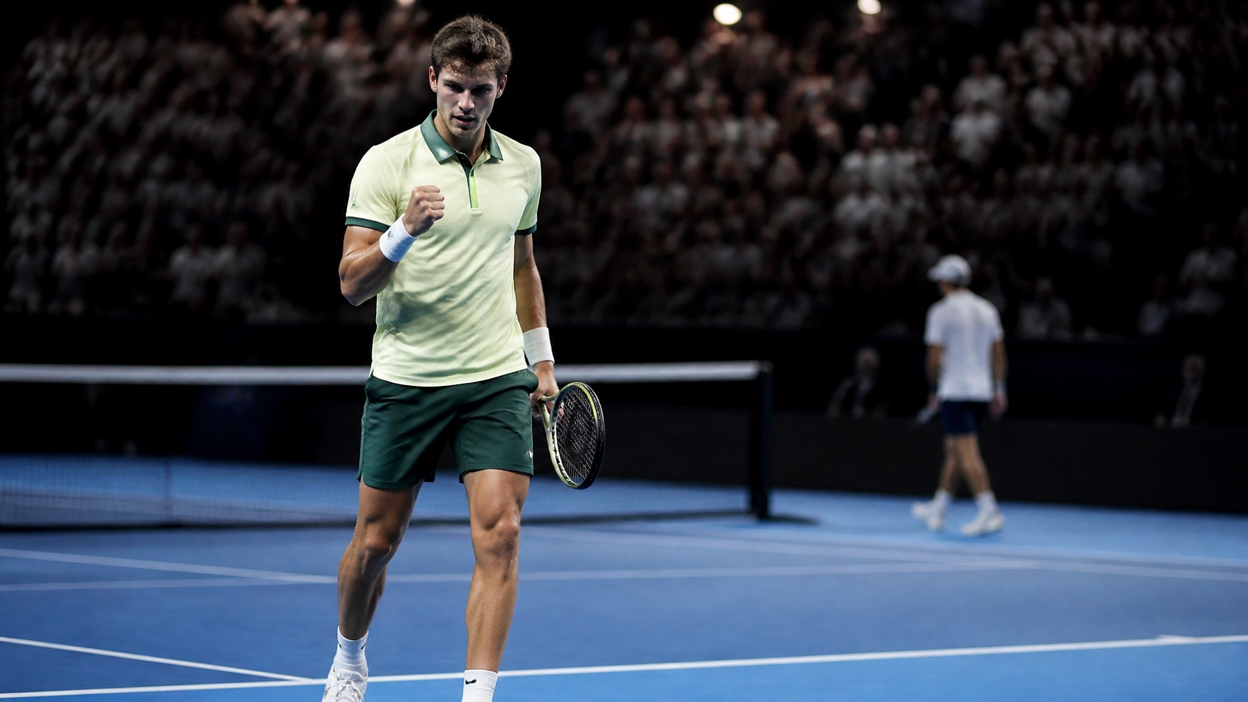 Realistische Tennisaufnahme eines Herrenfinales auf blauem Hartplatz unter Stadionlicht
