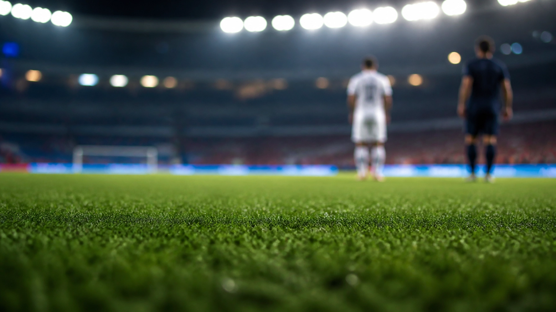 Neutraler Blick auf einen beleuchteten Fußballrasen mit taktischer Spannung vor einem europäischen Abendspiel