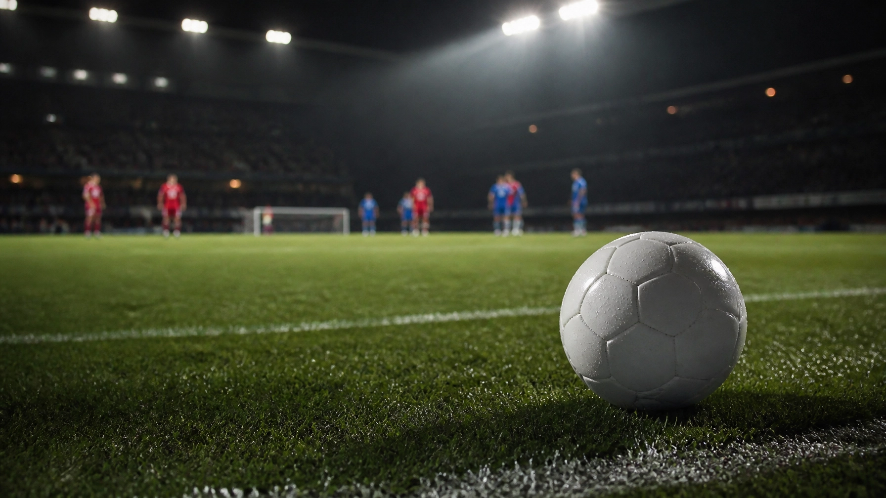 Fußball auf dem Rasen unter Flutlicht als Symbol für einen engen Pokalabend
