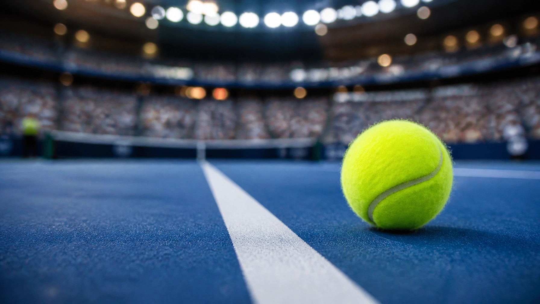 Tennisball an der weißen Linie eines blauen Hartplatzes mit unscharfer Stadionkulisse
