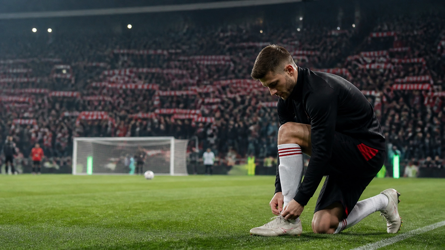 Europäisches Fußballstadion vor einer Play-off-Partie unter Flutlicht
