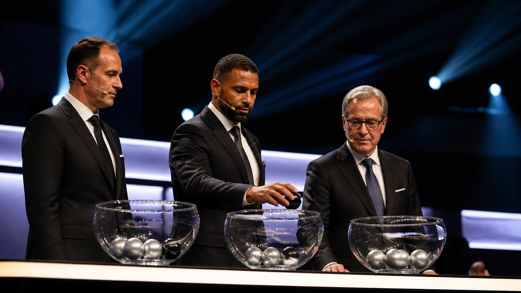 Fotorealistisches Motiv einer neutralen Champions-League-Auslosung mit Lostöpfen in einem eleganten Saal