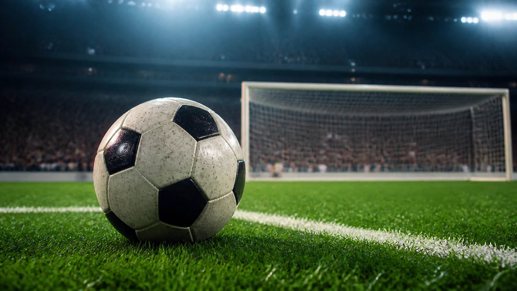 Fußball nahe dem Strafraum unter Stadionflutlicht