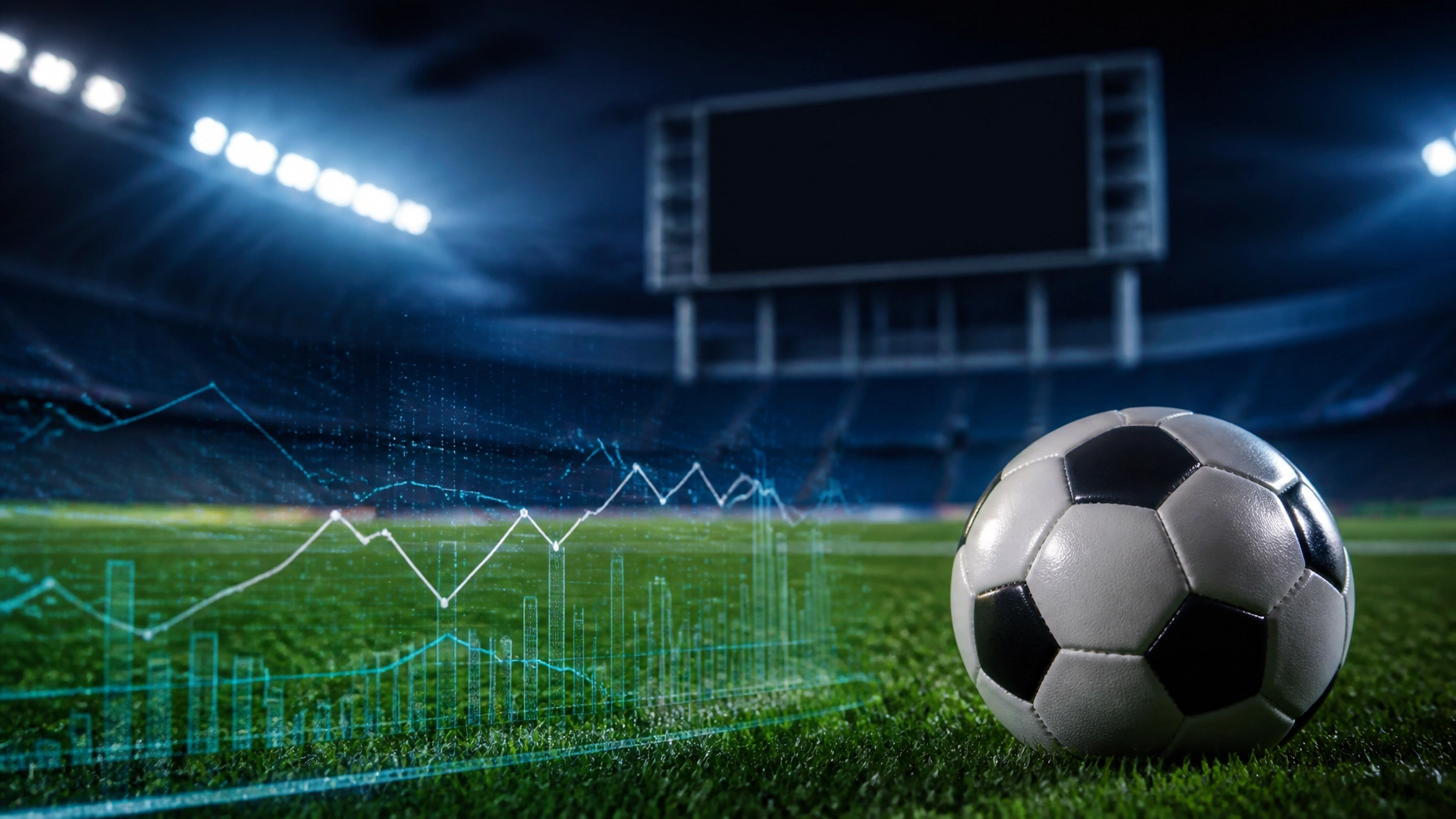 Neutrale Darstellung einer Fußball-Quotenanalyse mit Ball und Stadionlicht