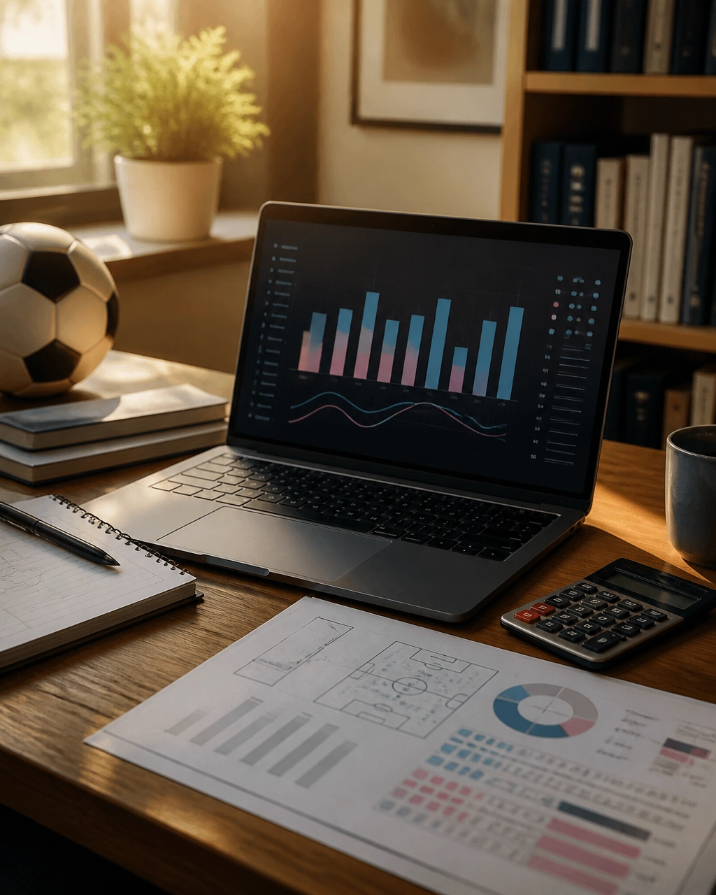 Fußball-Analysearbeitsplatz mit neutralen Diagrammen und statistischen Unterlagen