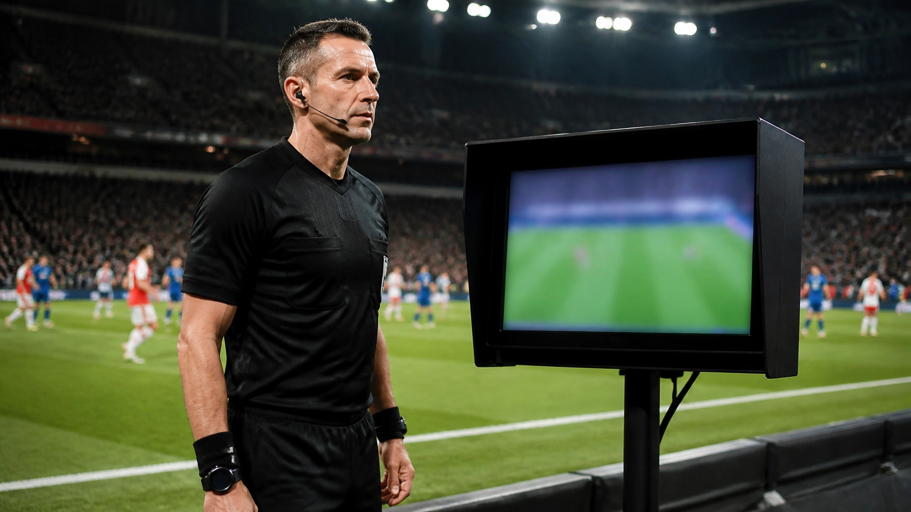 Schiedsrichter und VAR-Technik in einem modernen Fußballstadion