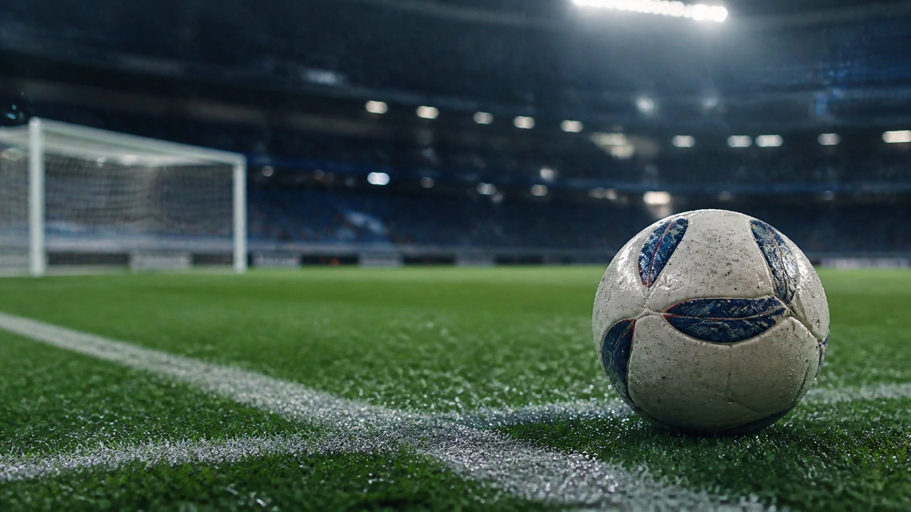 Fußball auf dem Rasen nahe dem Strafraum bei Flutlicht