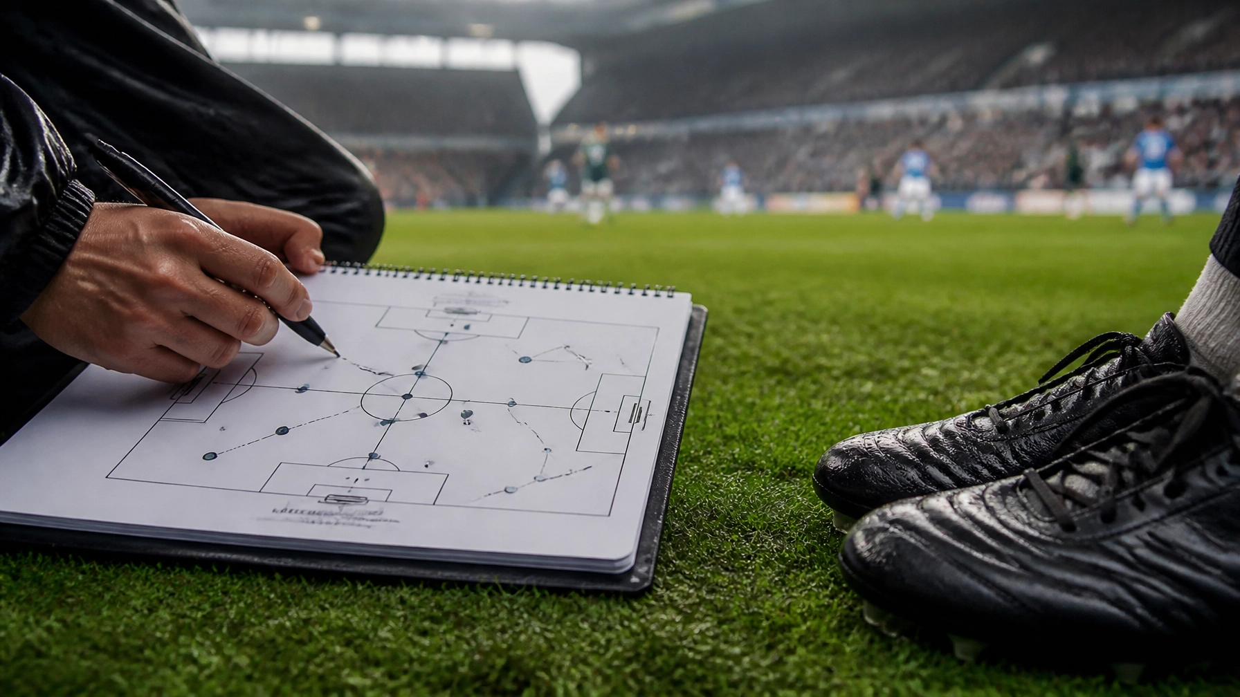 Neutrale Fußballanalyse am Spielfeldrand mit abstraktem Taktikblock ohne Schrift oder Logos