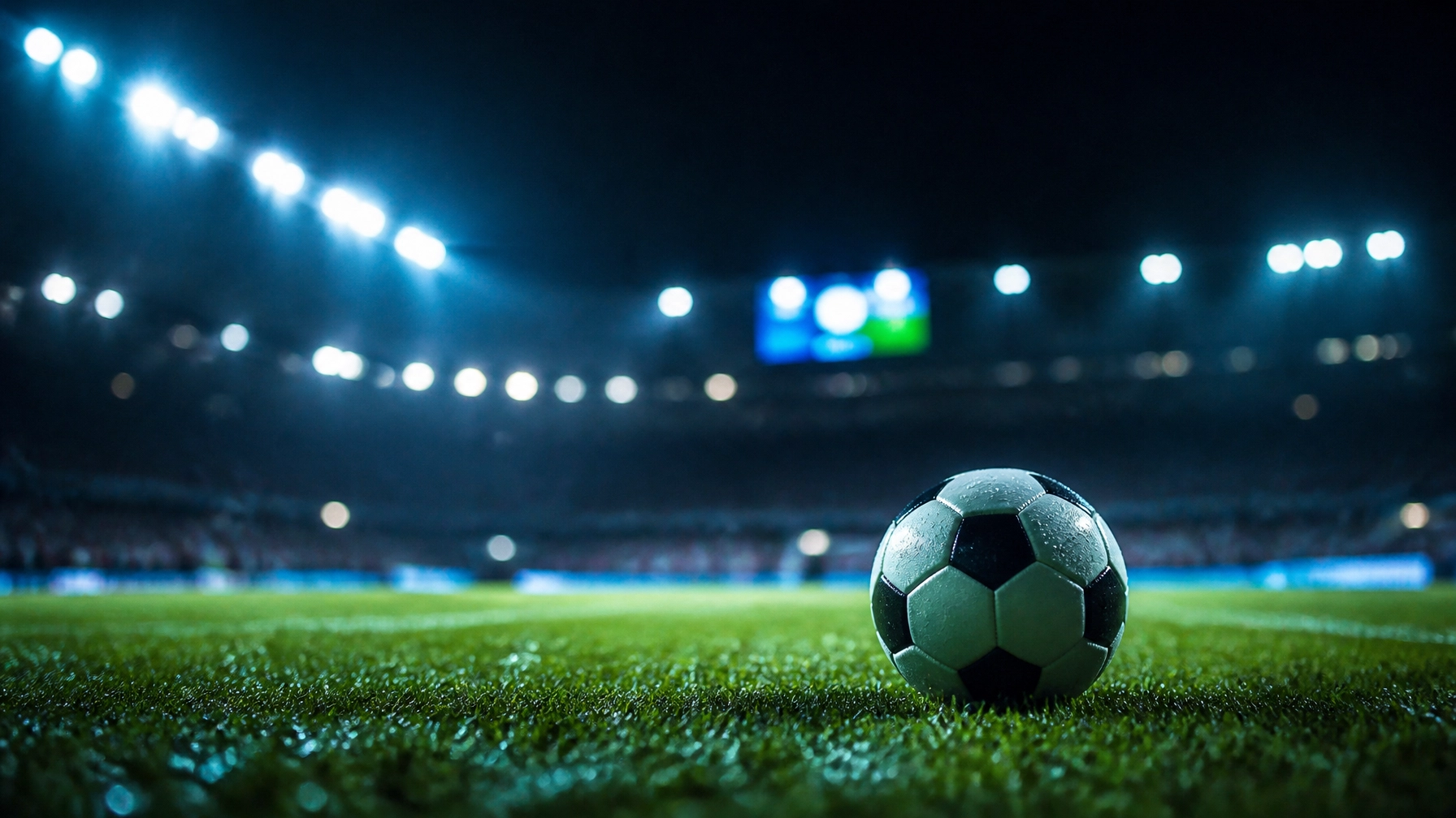 Fußball auf nassem Rasen vor einer unscharfen Stadiontribüne als Symbol für die Quotenanalyse