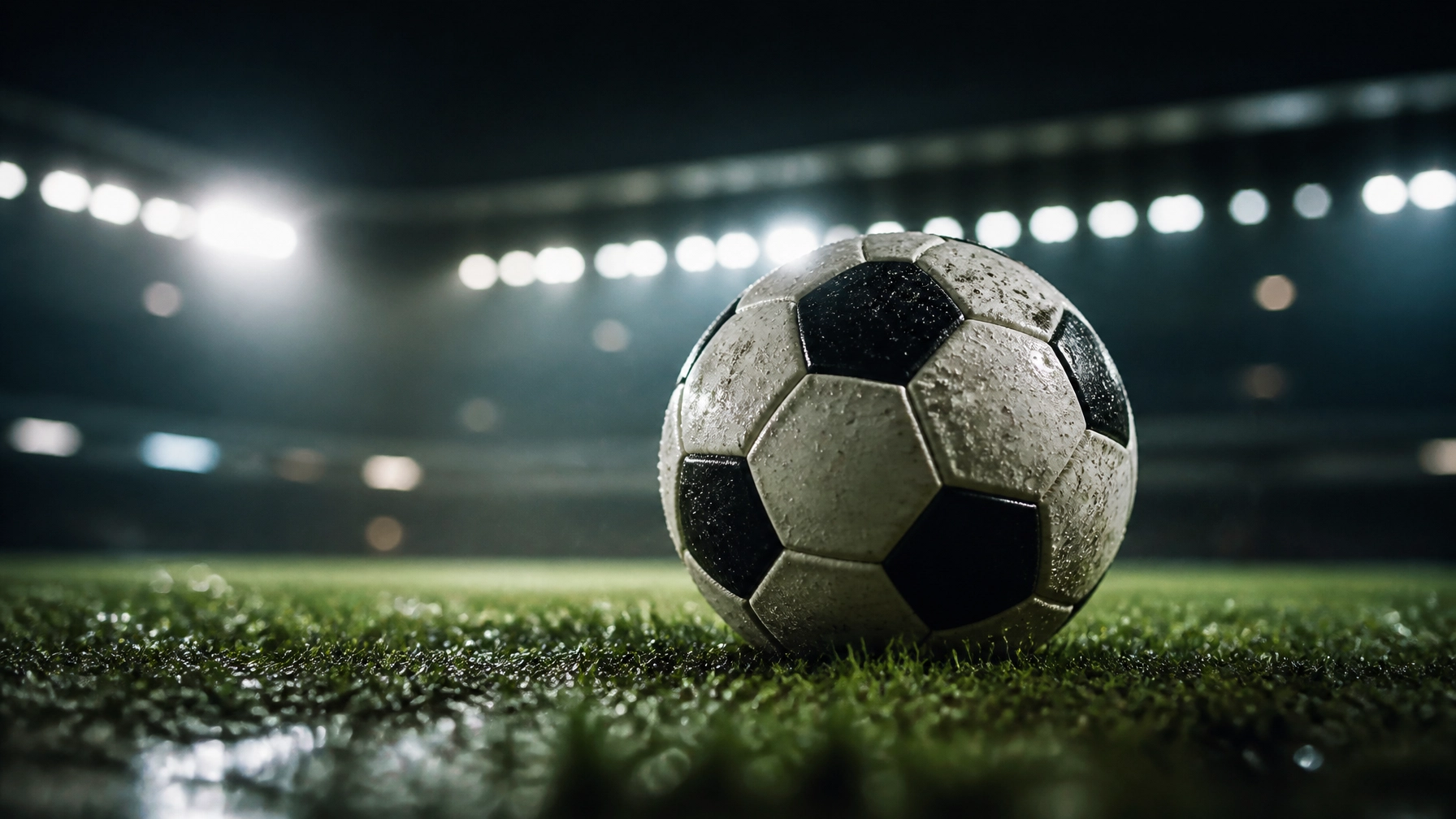 Fußball auf nassem Rasen vor einem unscharfen, hell erleuchteten Stadion als neutrales Bild zur Quotenanalyse