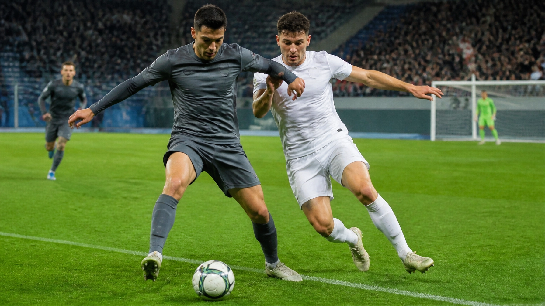 Europäisches Fußballspiel mit intensiven Zweikämpfen im Strafraum