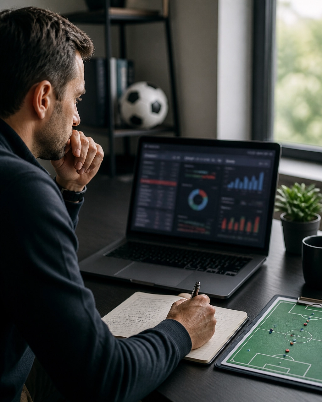 Fußballanalyst mit Laptop und Spielstatistiken vor der Partie Braunschweig gegen Bochum