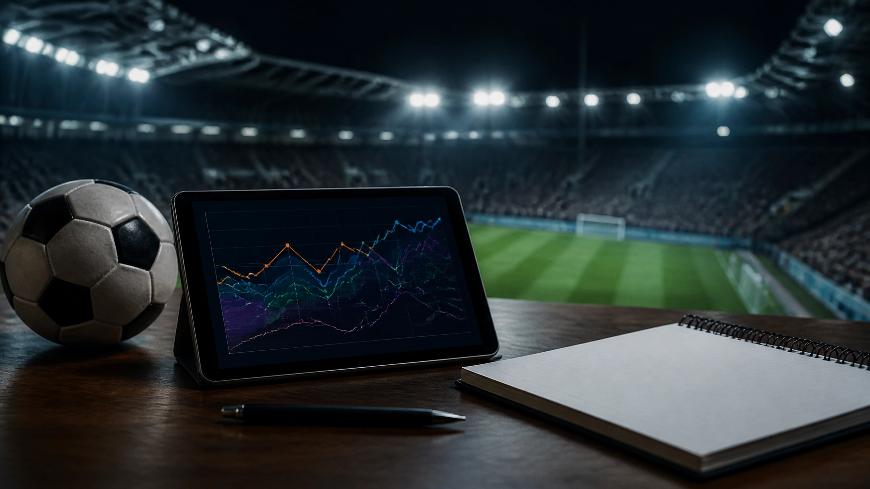 Fußball-Wettmarktanalyse mit Stadionhintergrund und neutralen Kurslinien
