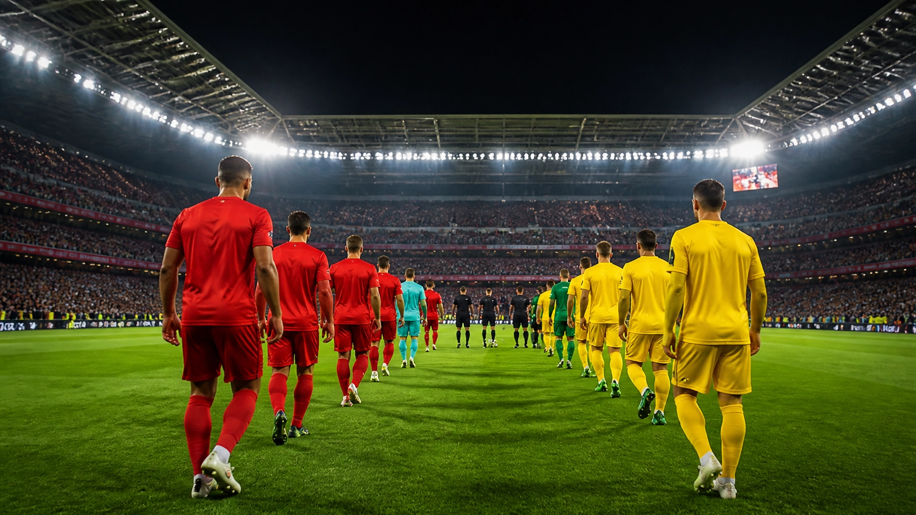 Fußballspieler laufen vor einer La-Liga-Partie in ein beleuchtetes Stadion ein