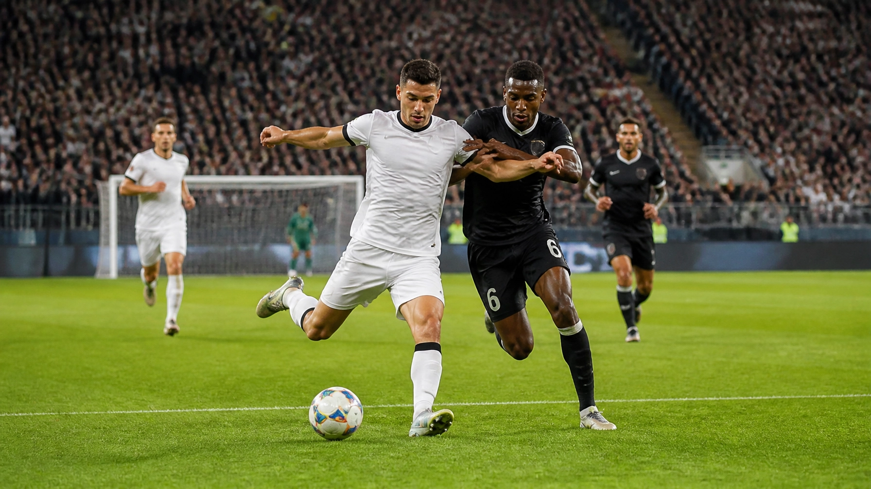 Neutrale Fußballszene im Bundesliga-Stadion mit Fokus auf Raumaufteilung und Torchance
