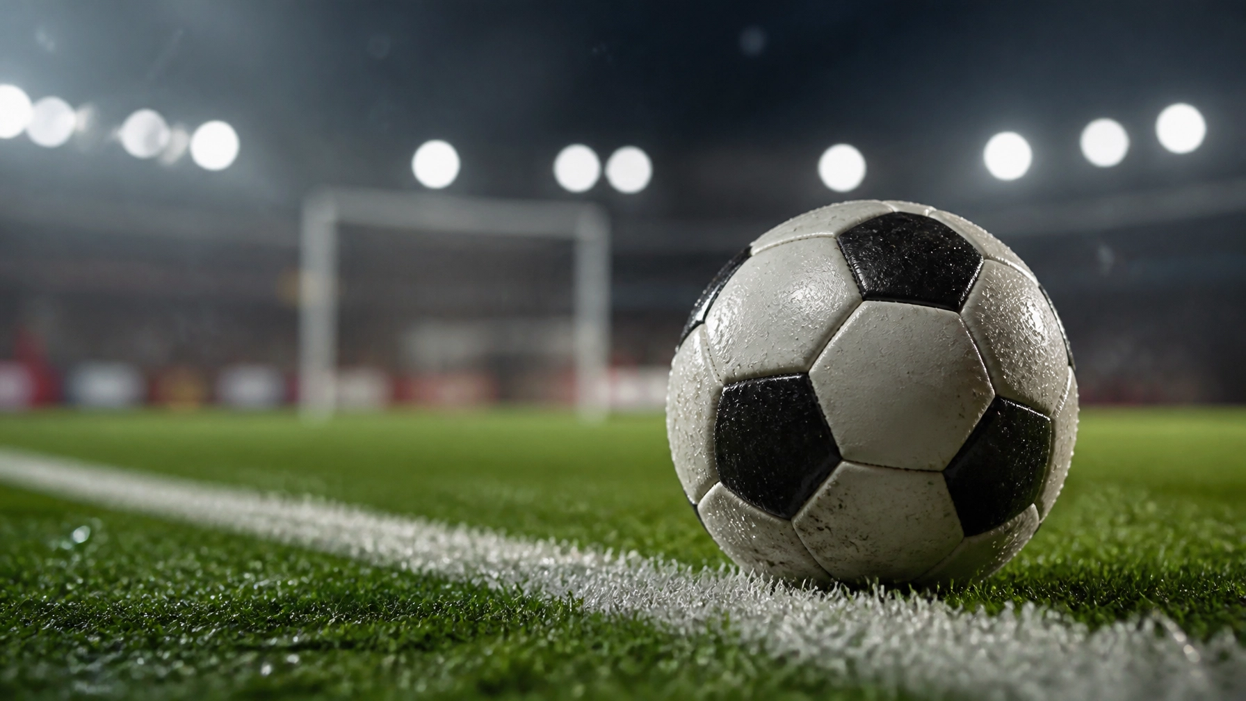 Fußball neben der weißen Torlinie auf nassem Rasen mit Stadionlichtern im Hintergrund