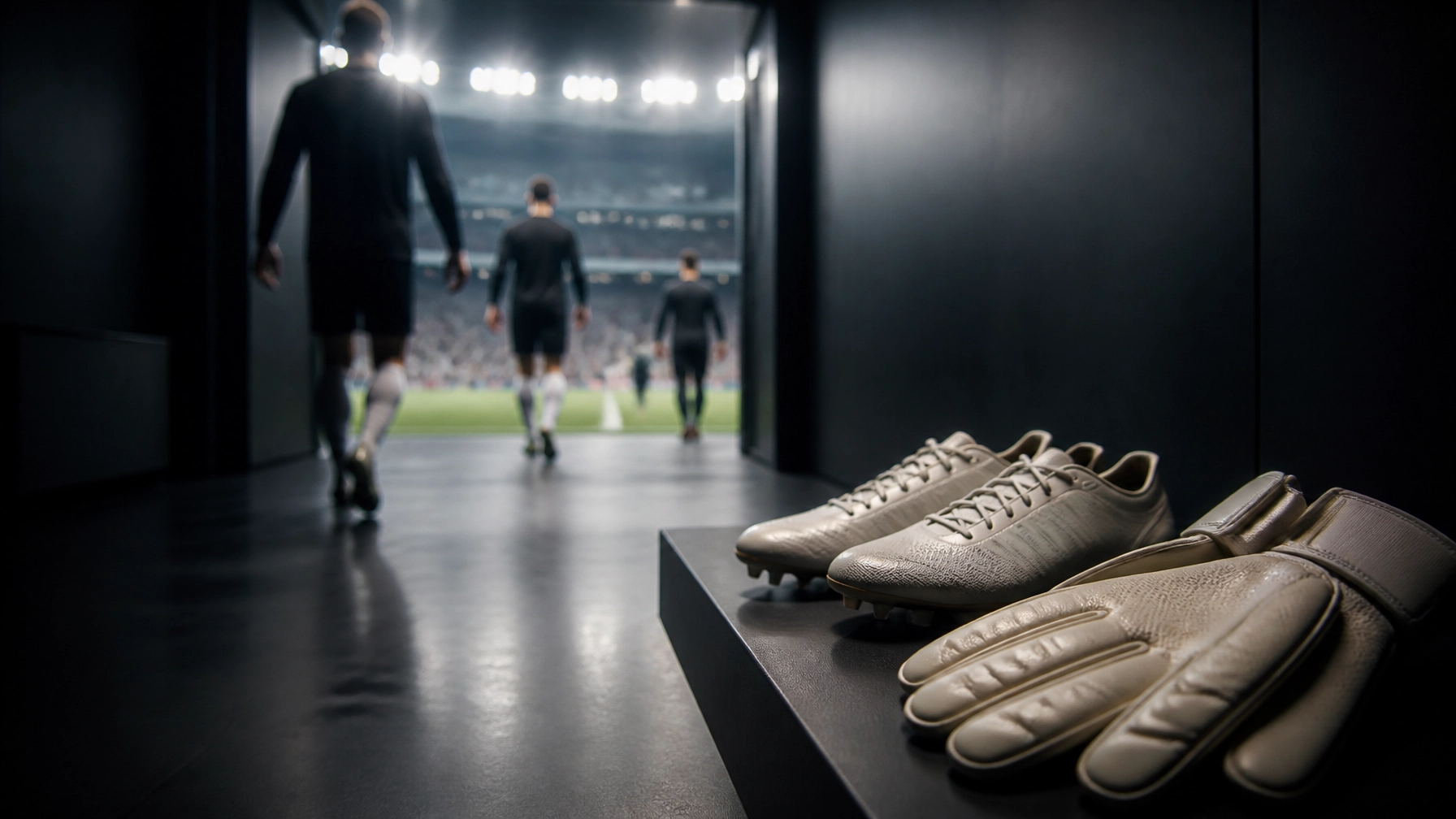 Fußballschuhe und Torwarthandschuhe im Spielertunnel eines modernen Premier-League-Stadions