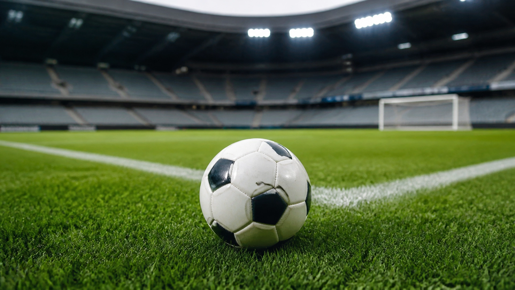Fußball nahe dem Strafraum auf einem beleuchteten skandinavischen Spielfeld