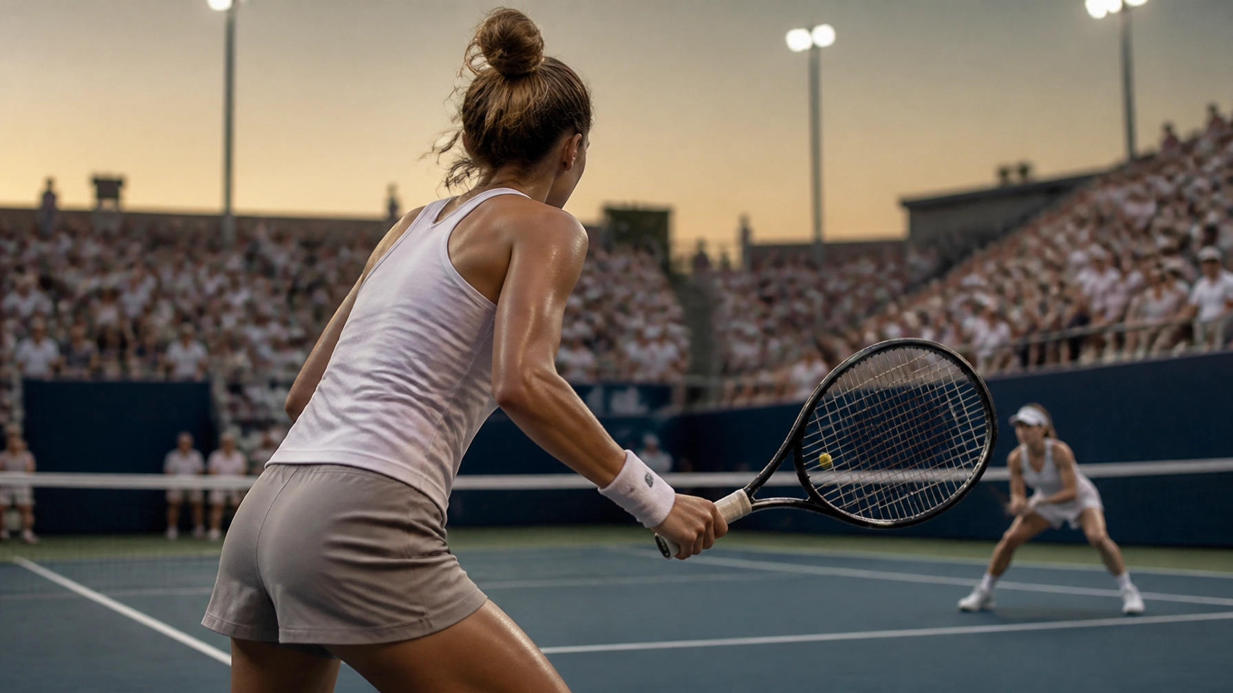 Fotorealistischer WTA-Halbfinaltag auf einem Hartplatz in Toronto bei spätsommerlichem Licht