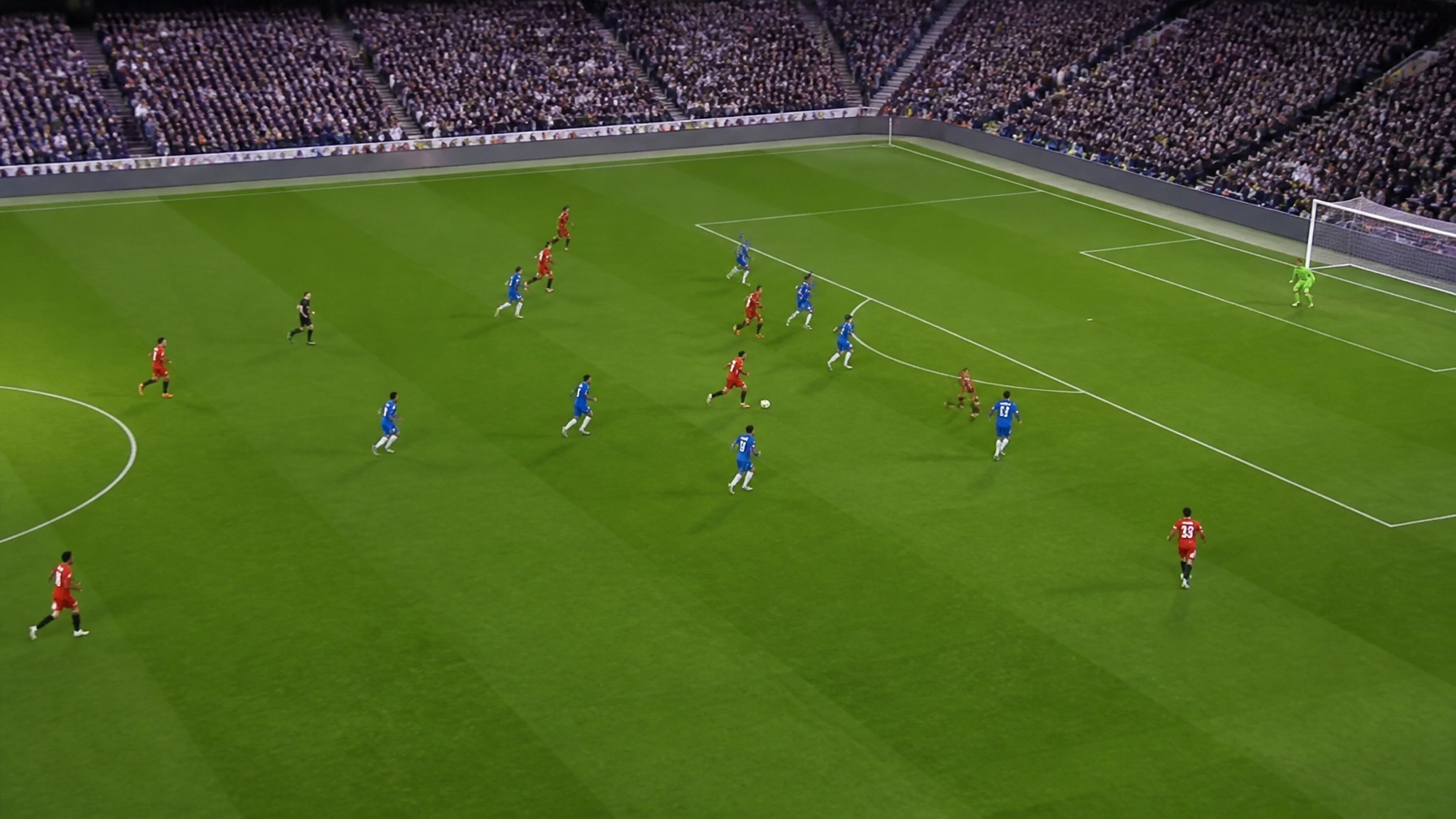 Unbranded Fußballszene mit roter Angriffslinie gegen kompakte blaue Defensive – manchester-united-ipswich-taktik-20260830